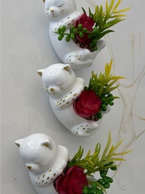 White Ceramic Cat Planter with Red Faux Succulent - Decorative Home Accent